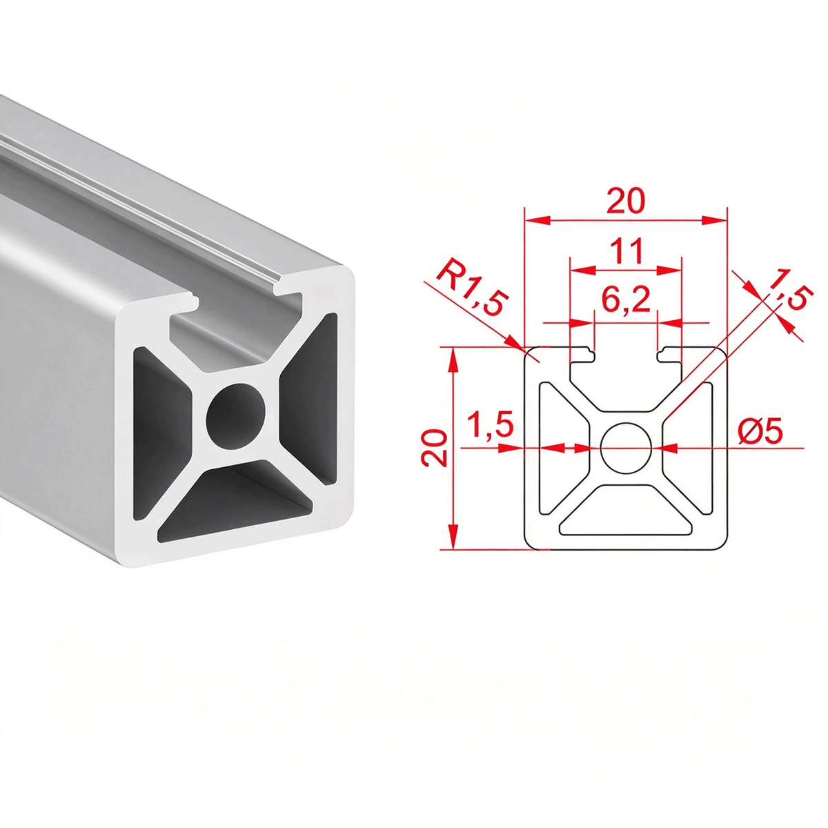 Aluminium-Strangpressprofil nach europäischem Standard 2020 mit T-Nuten – 6-mm-Nut für industrielle Rahmenkonstruktionen