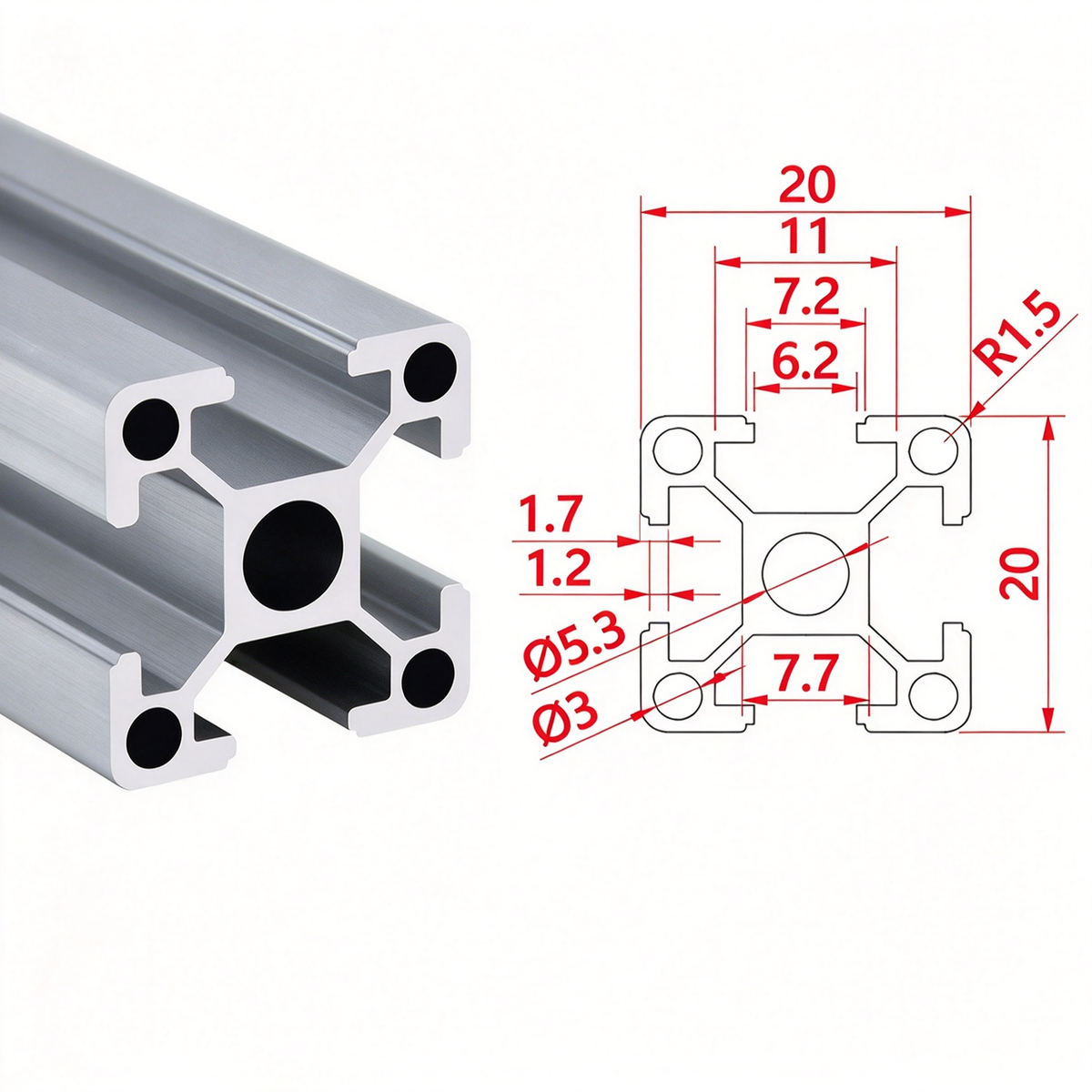 Aluminium-Strangpressprofil nach europäischem Standard 2020 mit T-Nuten – 6-mm-Nut für industrielle Rahmenkonstruktionen